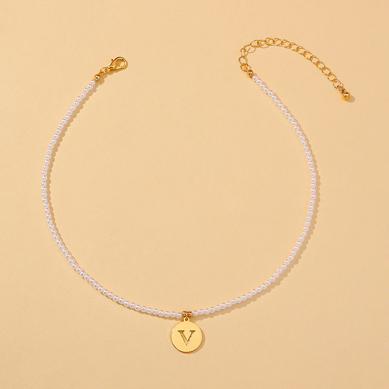Elegant Hollow English Letter Pendant Necklace with Pearl Accents