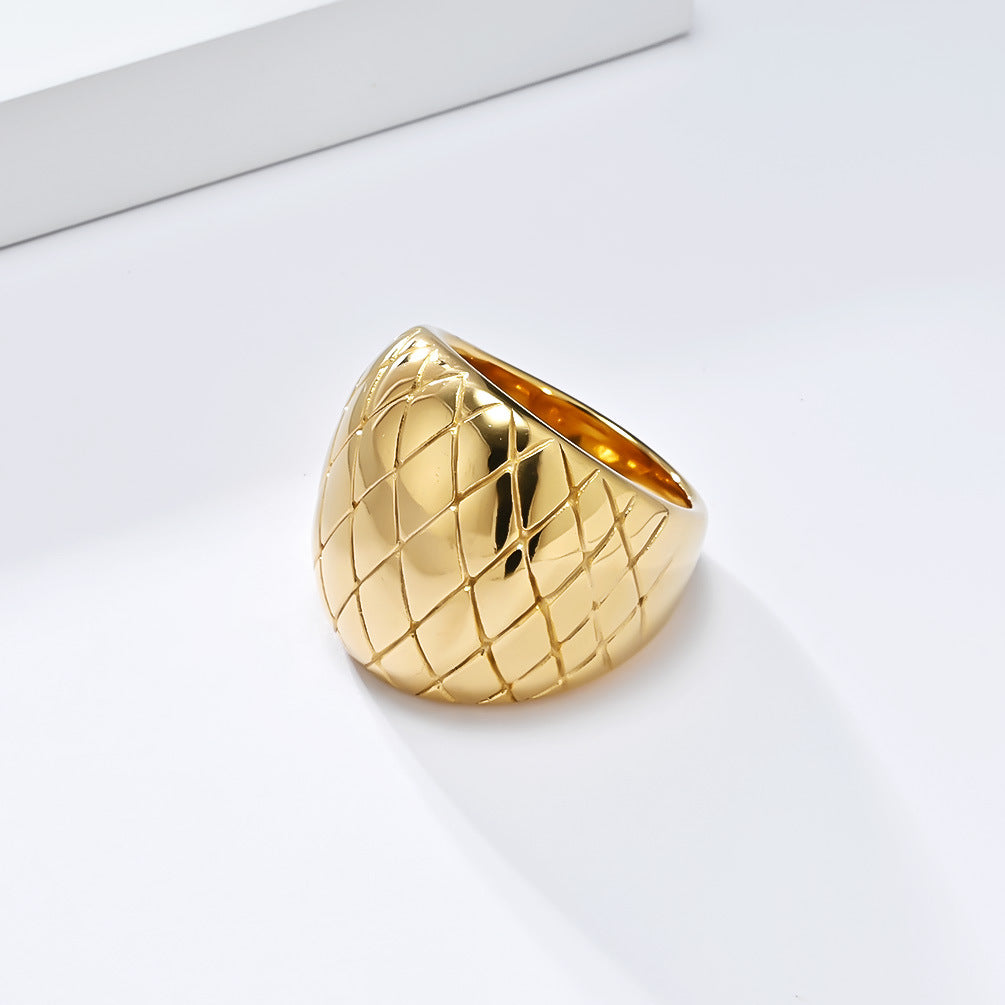 Planderful Gold Plated Ring With Exaggerated European And American Grid Pattern For Fashion Forward Women