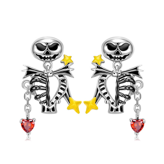 Halloween Skull Skeleton Tassel Heart Shape Red Zircon Silver Drop Earrings