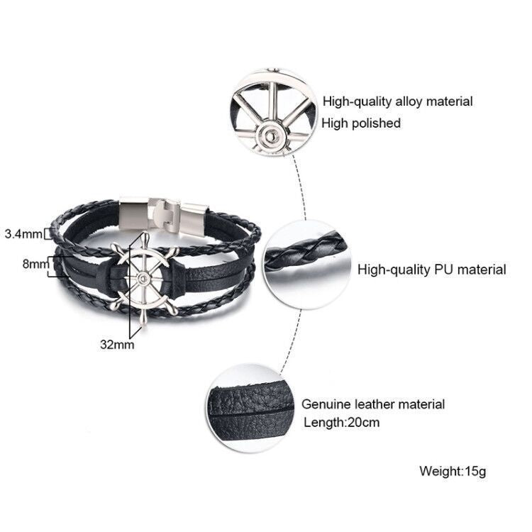 Ship Wheel Vintage Black Stainless Steel Bracelet for Men