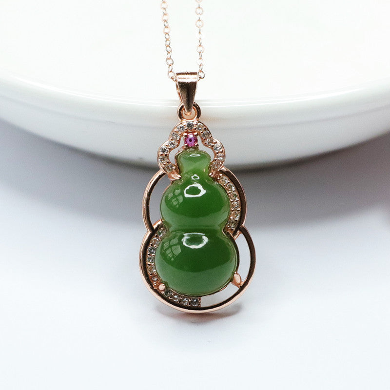 Zircon Necklace with Sterling Silver Gourd Pendant Featuring Natural Hetian Jade and Jasper Edge