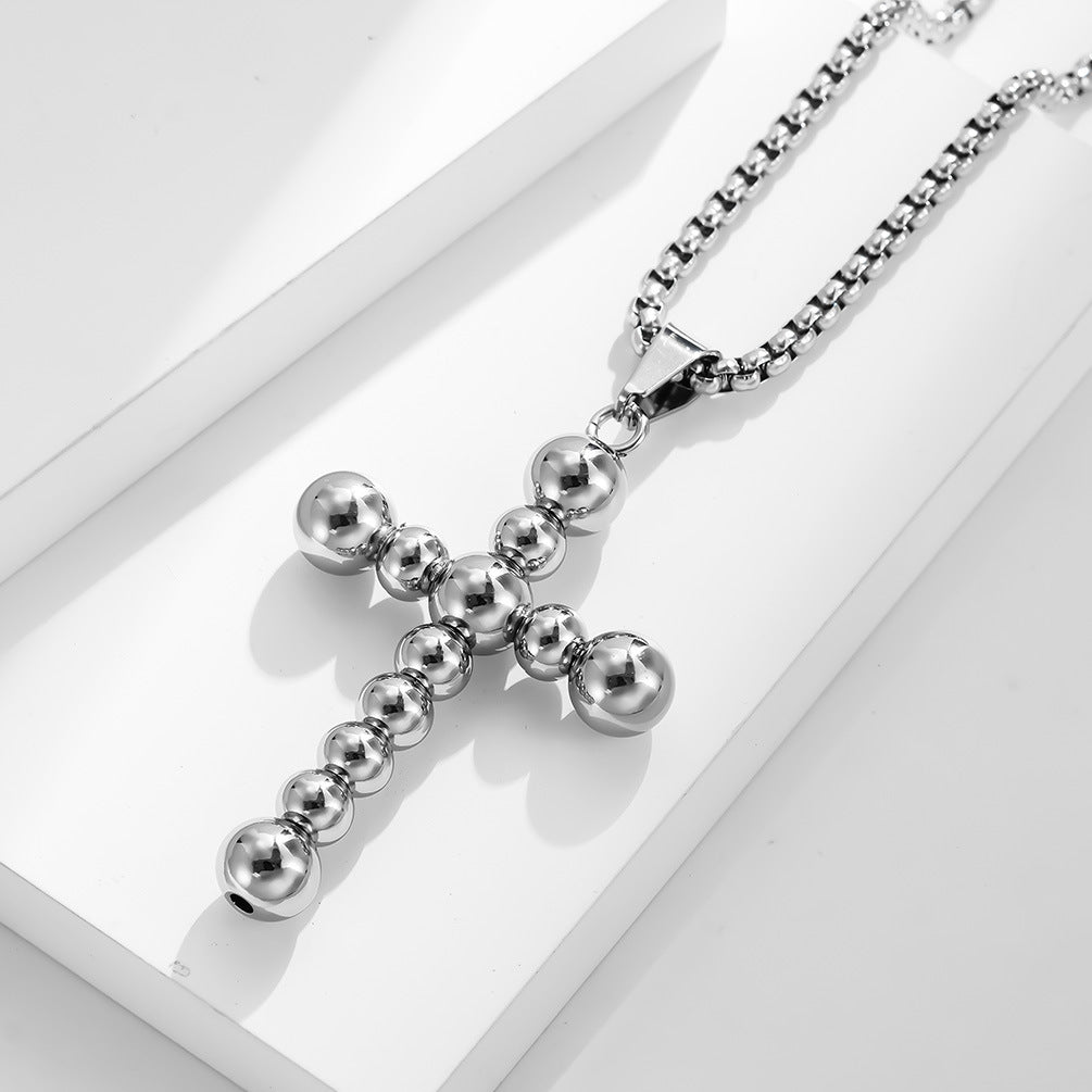 Planderful Titanium Steel Beaded Cross Necklace Unisex Trendy Cold Style Jewelry
