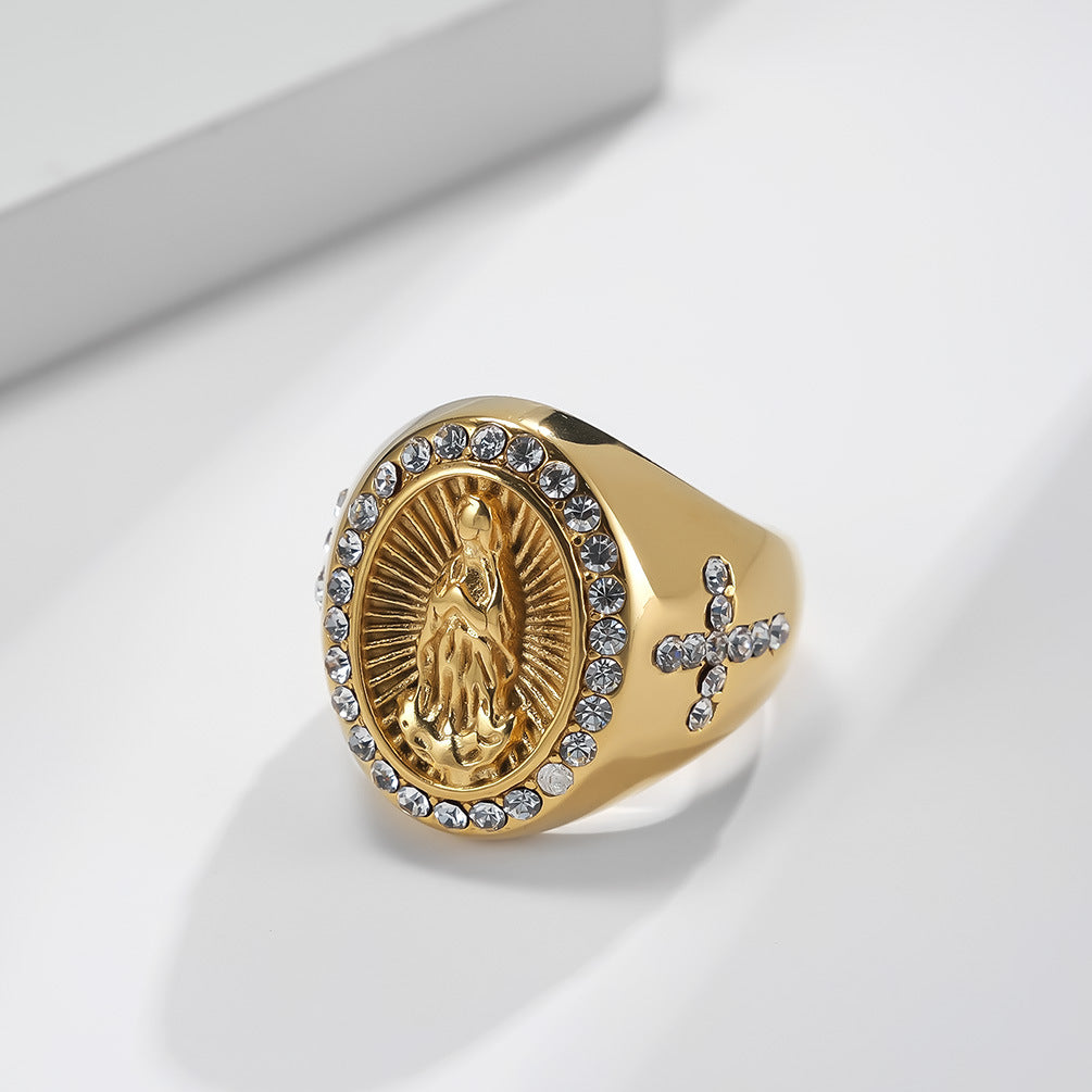Planderful Virgin Mary Cross Zircon Ring Stainless Steel Gold Plated For Women Elegant Jewelry