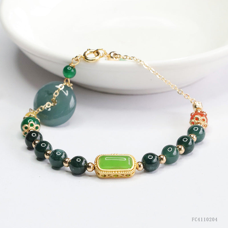 Blue Water Jadeite Peace Buckle & Round Bead 5~6 mm Bracelet