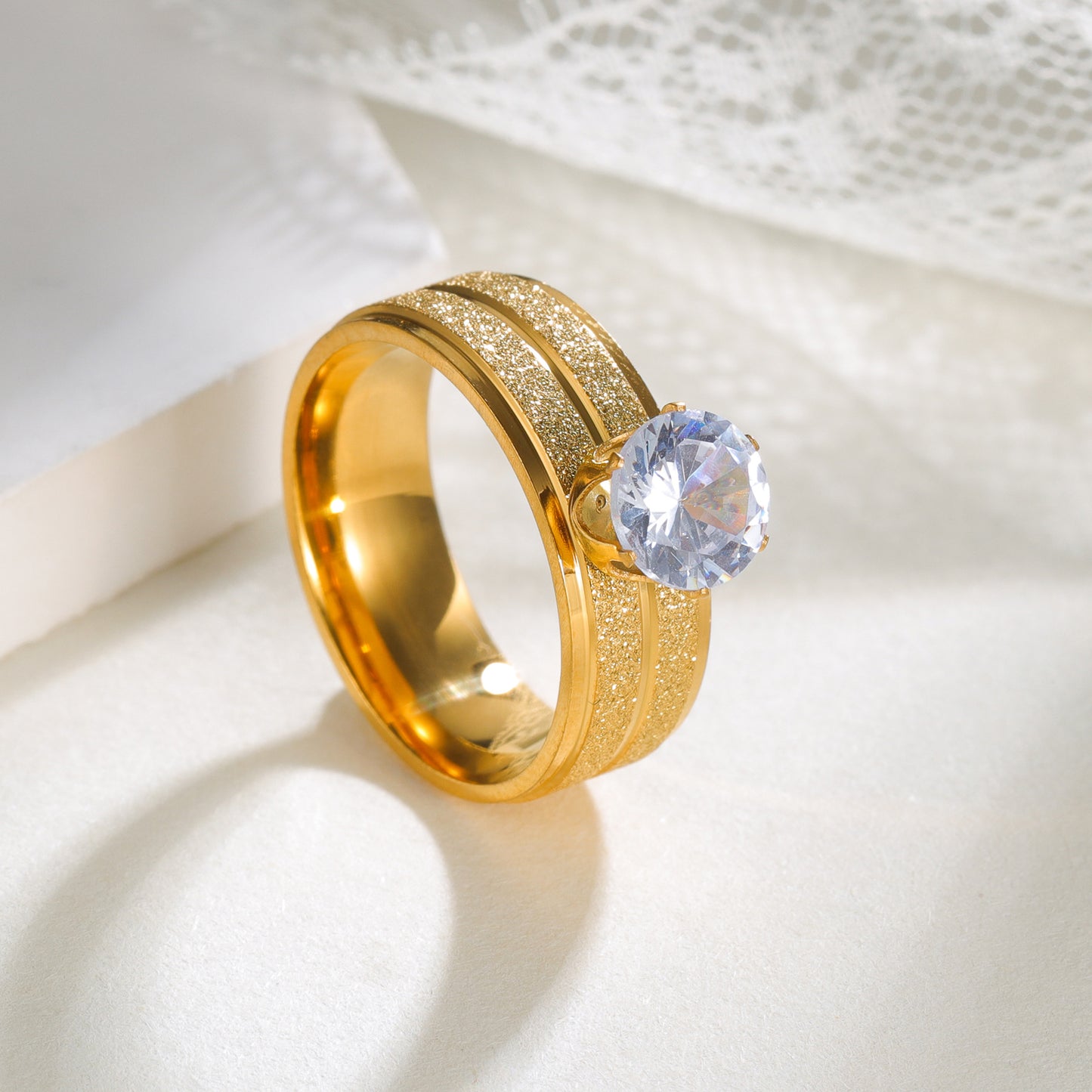 Planderful Gold Matte Stainless Zircon Ring For Women