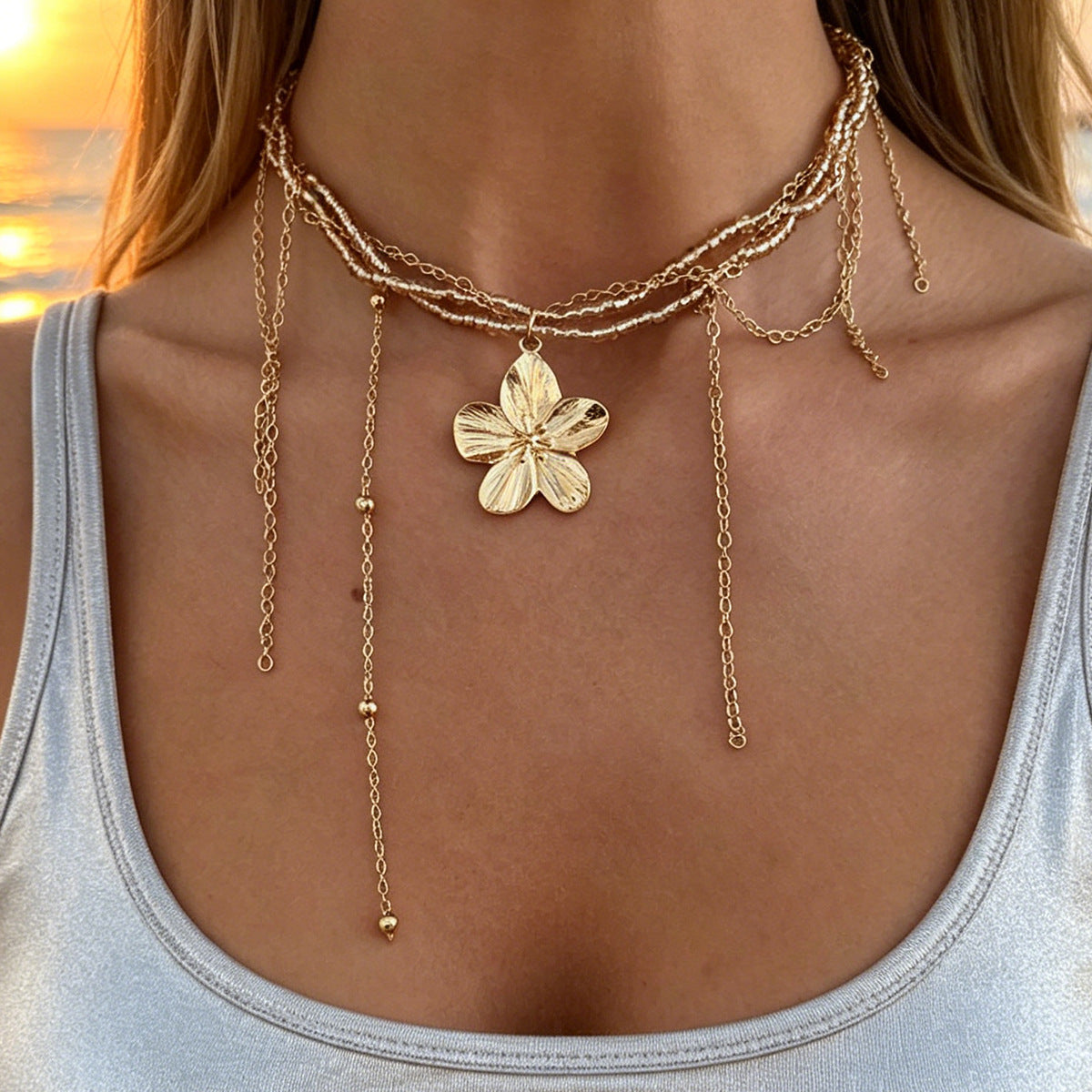 French Floral Bead Tassel Wrap Necklace