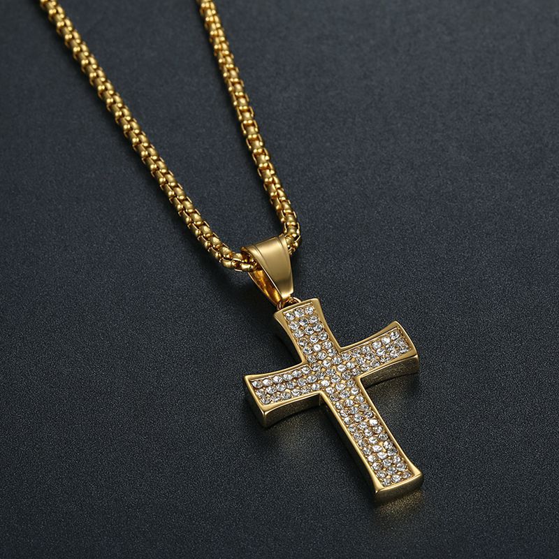 Planderful Everyday Genie Hip Hop Cross Pendant Necklace Titanium Steel Gold Plated Rhinestone For Fans