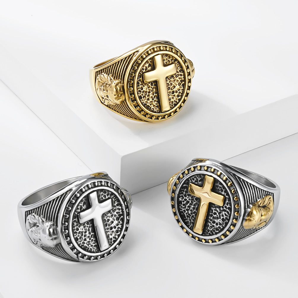Planderful Titanium Steel Ring For Men With Fade Resistant Retro Cross Design Everyday Genie Collection
