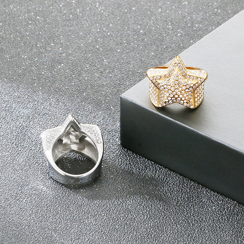 Luxury Zircon Star Ring, Hip-Hop Rock Full Of Zircon Three-Dimensional Five-Pointed Star Stainless