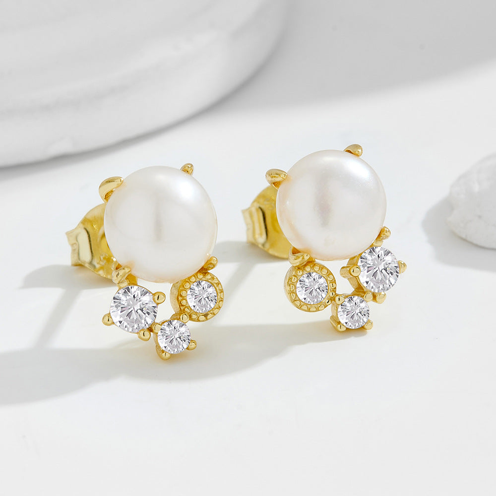S925 Sterling Silver Natural Freshwater Pearl Stud Earrings Retro Zircon Earrings