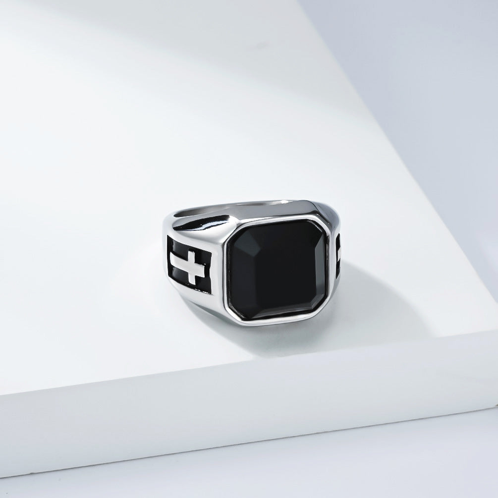 Cross Black Gemstone Vintage Stainless Steel Ring for Men
