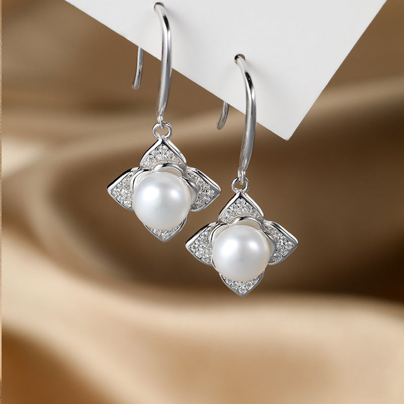 Minimalist Clover Pearl 925 Sterling Silver Earrings