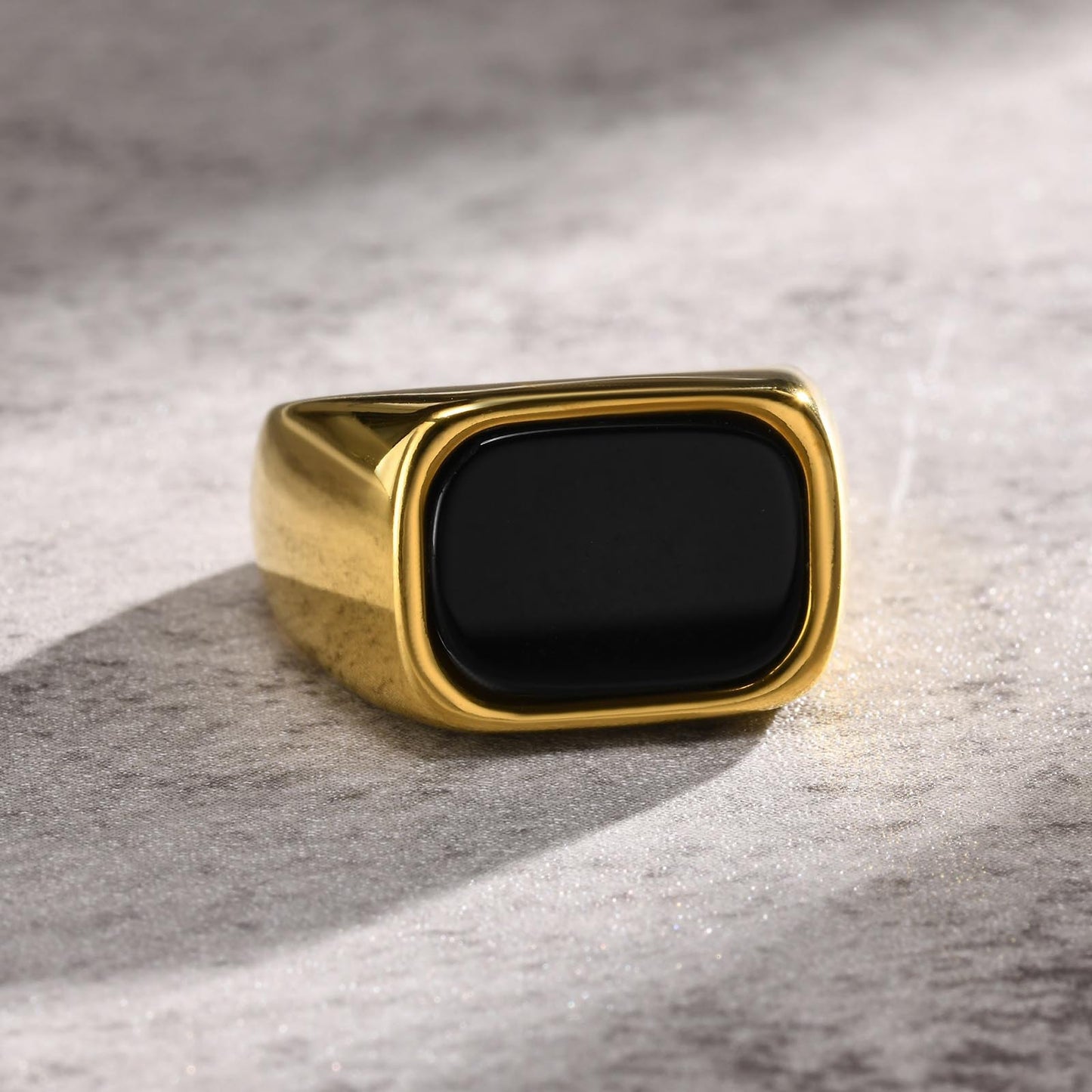 Stainless Steel Geometric Square Black Glass Stone Ring Gold Men's Ring for Men
