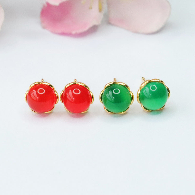 Green and Red Agate Sterling Silver Stud Earrings with Golden Petal Edge