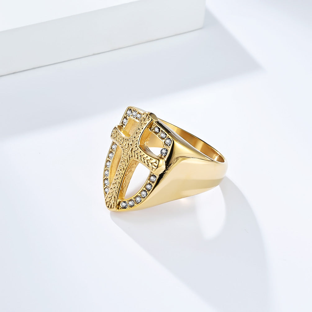 Planderful Everyday Genie Shield Cross Ring For Men Personalized Zircon Jewelry Retro European American Style