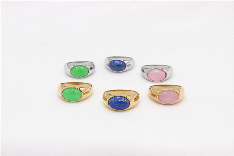 Planderful Unisex Stainless Steel Ring With Oval Colored Stone Protection Symbol For Everyday Style