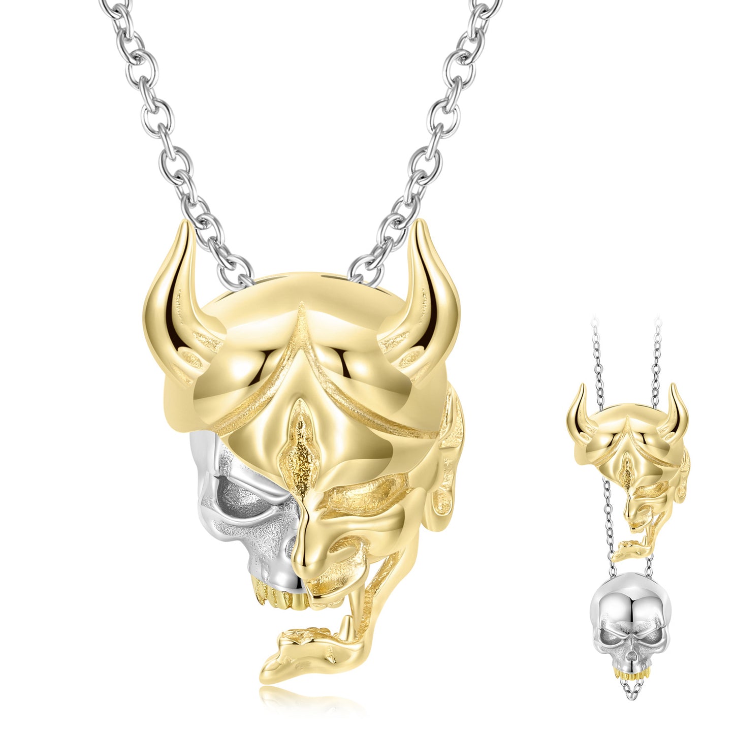 Halloween Golden Demon Mask Skull Silver Necklace