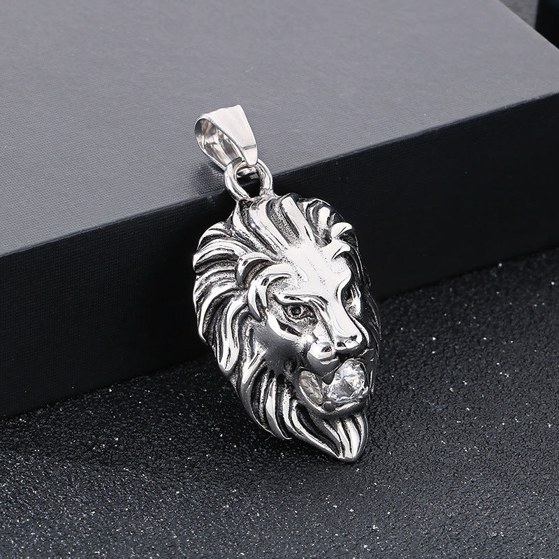 Planderful Lion Head Zircon Pendant Steel Mens Necklace