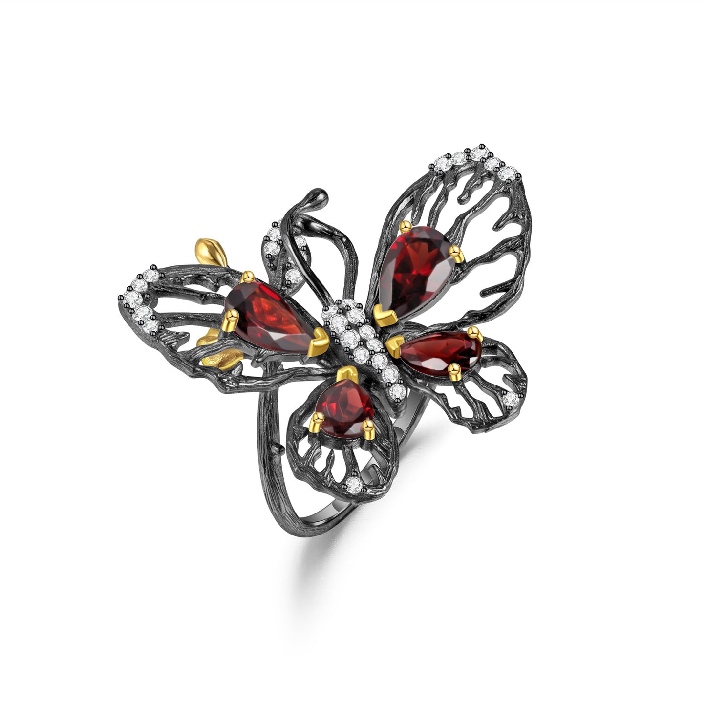 Hollow Out Butterfly Natural Gemstones Opening Silver Ring