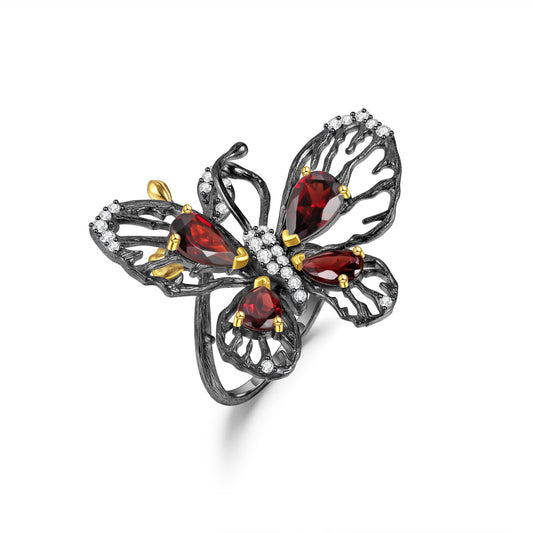 Hollow Out Butterfly Natural Gemstones Opening Silver Ring