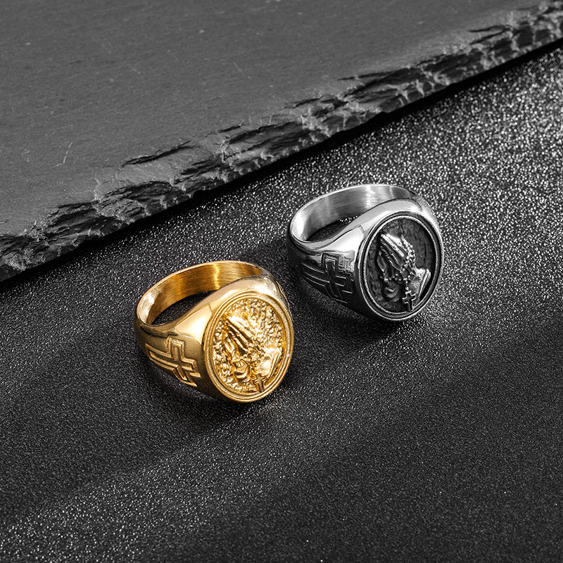 Planderful Everyday Genie Durable Stainless Steel Prayer Hand Cross Mens Ring Size 7 To 13 Hip Hop Style