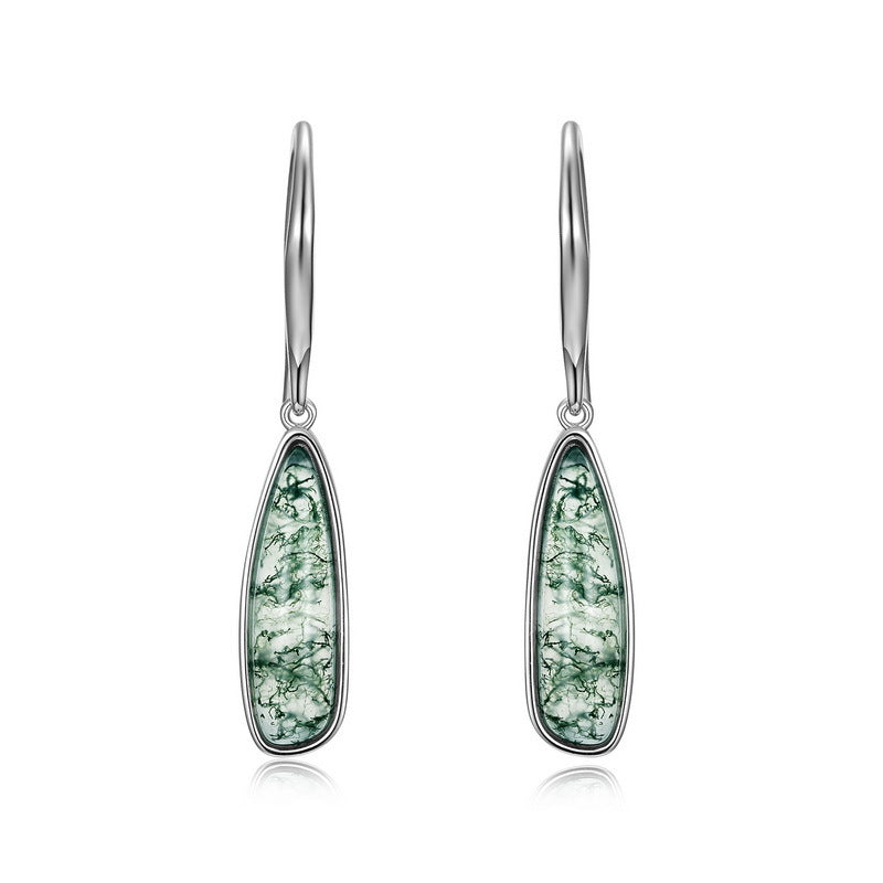S925 Sterling Silver Moss Agate Minimalist Drop Earrings
