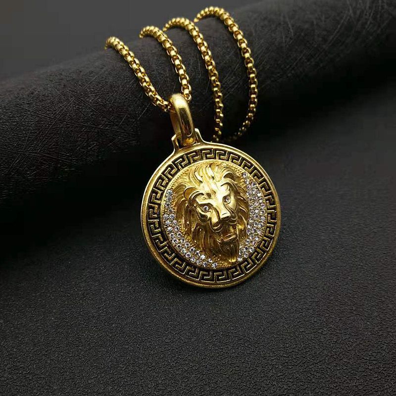 Planderful Everyday Genie Lion Head Pendant Necklace In Steel For Hip Hop Fans Diamond Disc Gold Plated