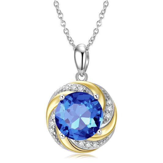 Vortex Halo Round Shape Blue Zircon Pendant Silver Necklace