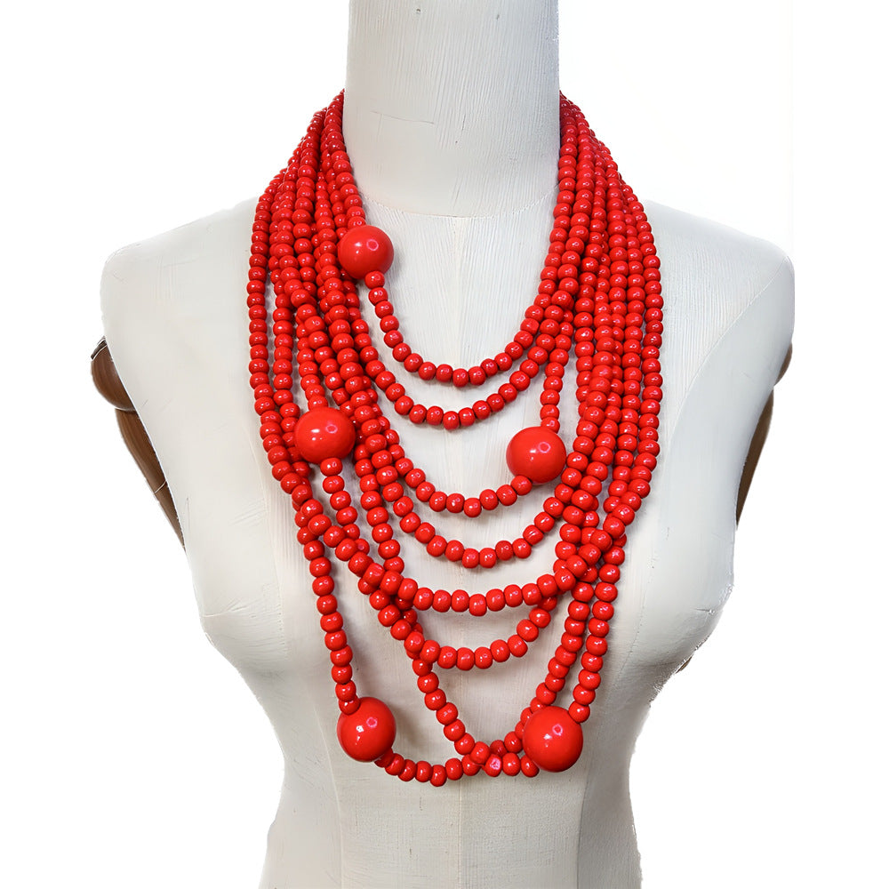 North American Inspired Multi-layer Wooden Bead Necklace with Exaggerated Cross-border Jewelry Elements