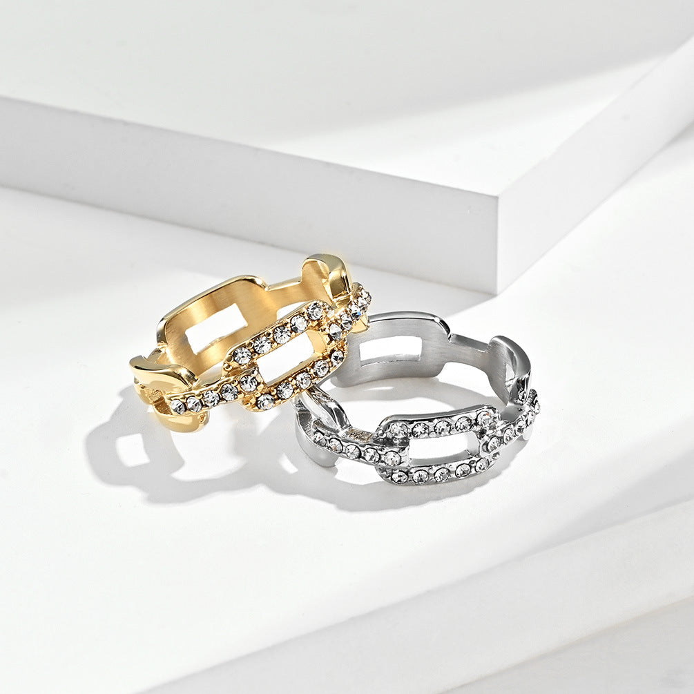Stainless Steel Gold-Plated 18k Gold Pavé Zircon Women's Fan Ring – Hollow