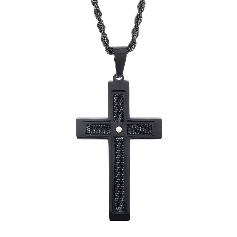 Street Pendant, Zircon Double-Layer Mesh Cross Stainless Steel Man Pendant Necklace