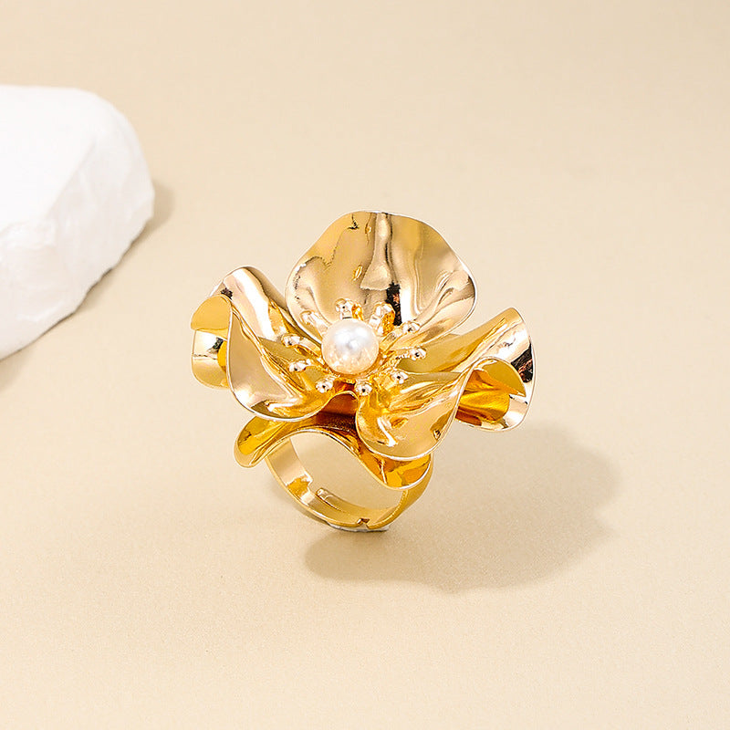 Extravagant Floral Statement Ring with Pearls - Vienna Verve Collection