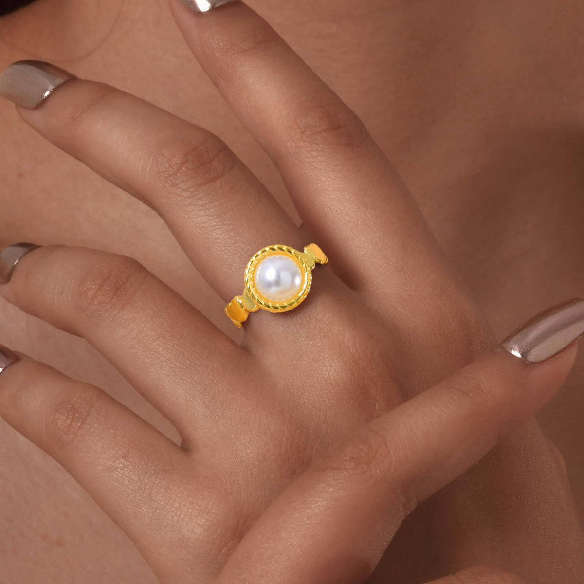 Stainless Steel Geometric Round Egg Surface Natural Stone Imitation Pearl Heart Open Ring