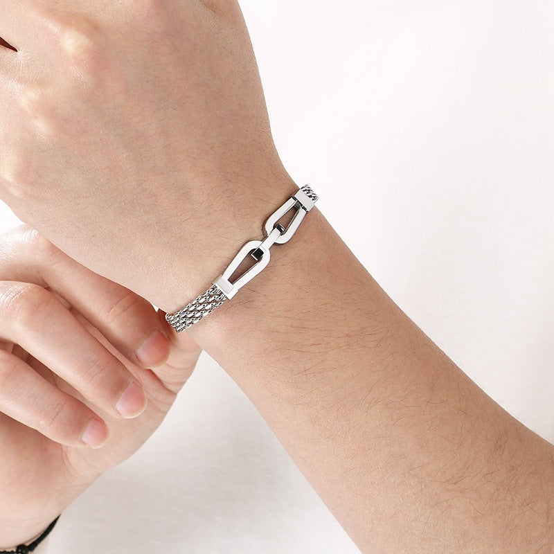 Style Hollow Woven Chain Design Horseshoe Buckle Titanium Steel Men's Bracelet