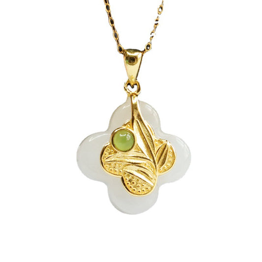 Four Leaf Clover Sterling Silver Necklace with Natural White Jade Gem
