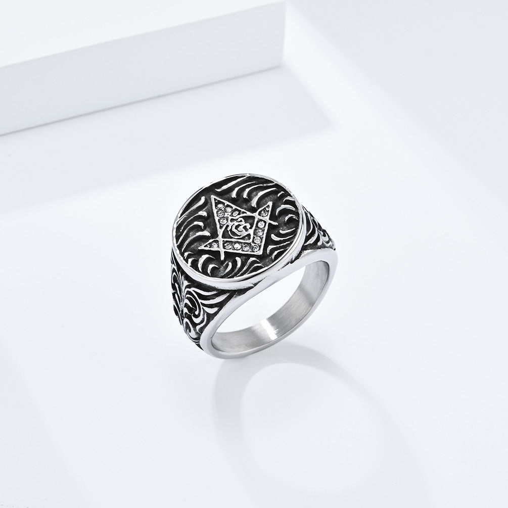 Planderful Masonic Zircon Titanium Steel Ring For Men Retro Fraternity Hand Jewelry Domineering Style