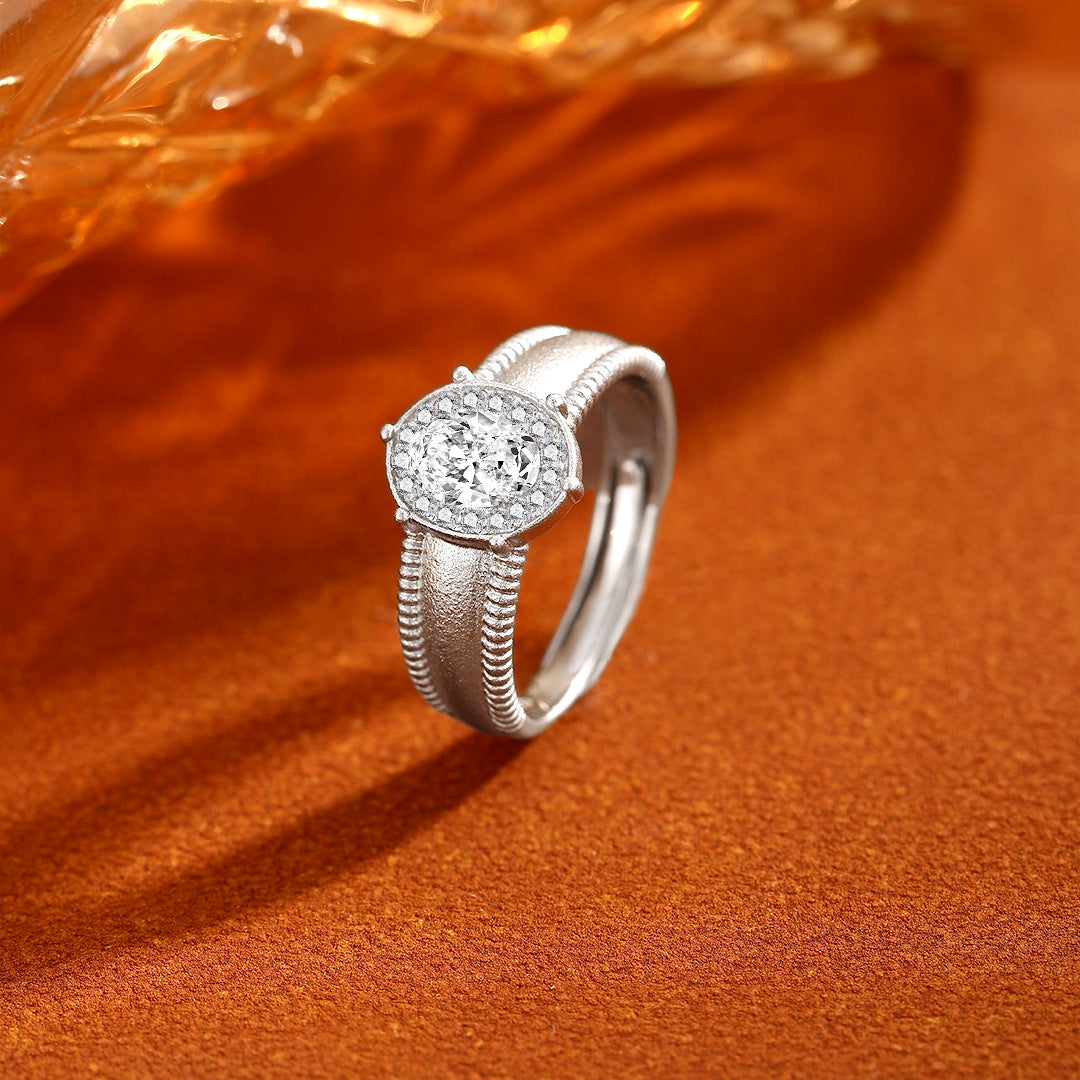 Planderful S925 Sterling Silver Zircon Ring For Women Adjustable Brushed Retro Luxury