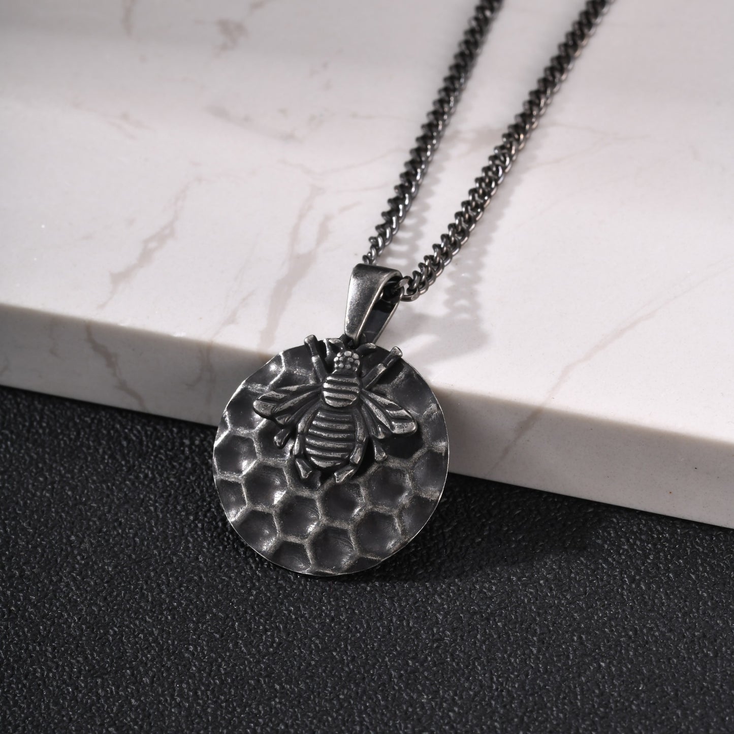 Special Stainless Steel Bee Hive Pendant Street Shape Stacked With Gray Necklace