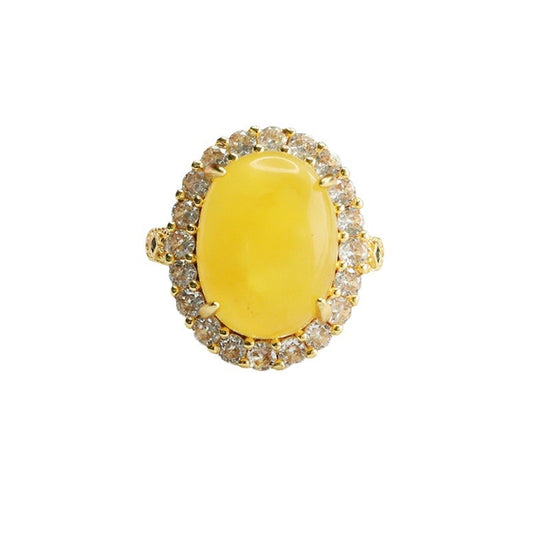 Amber Beeswax Zircon Sterling Silver Ring with Adjustable Opening