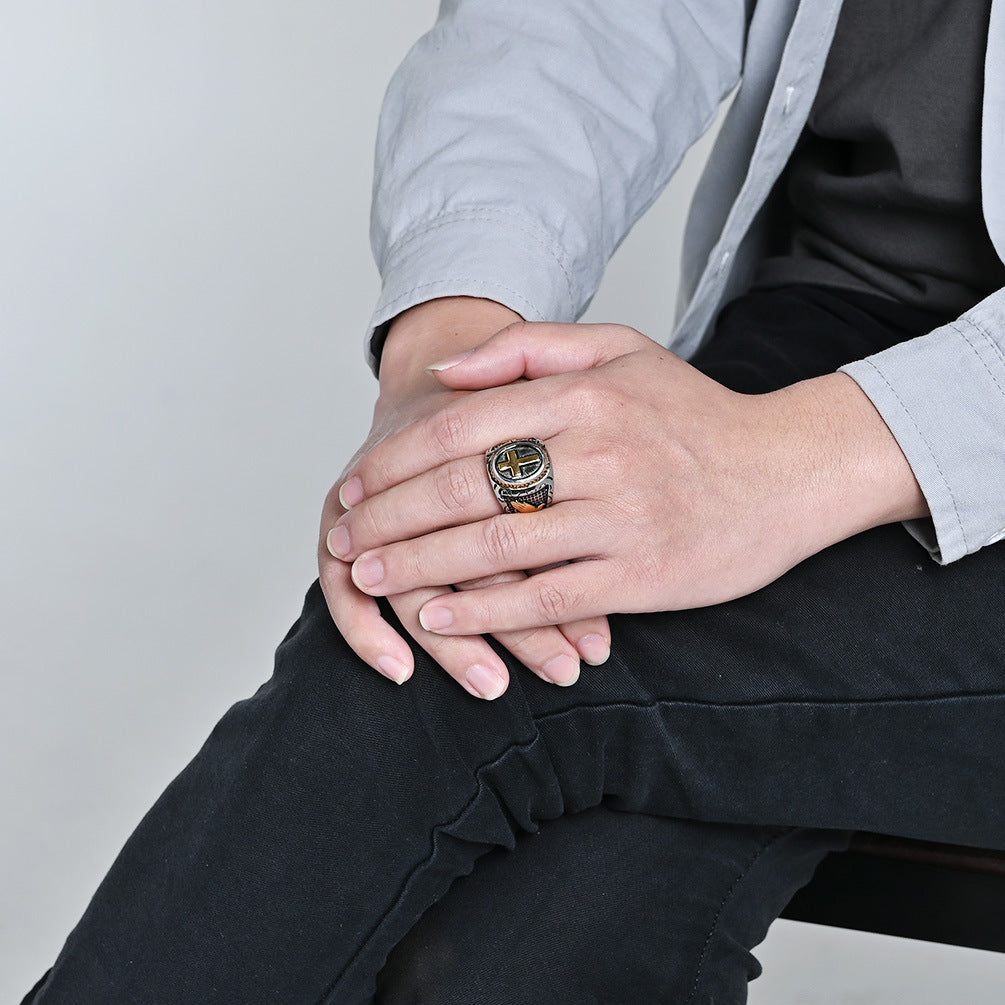 European And American Literary Retro Prayer Hand Cross Titanium Steel Ring Men's Hip-Hop Jewelry