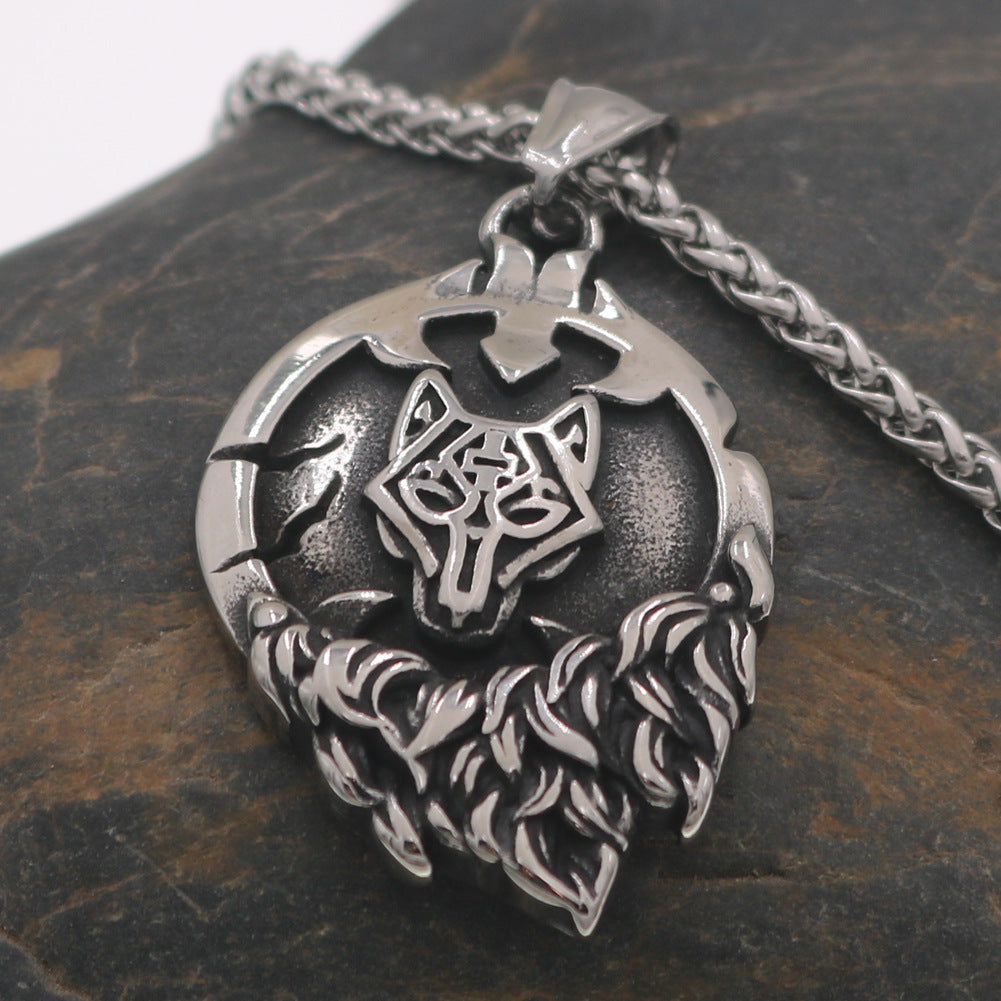 Nordic Myth Rune Necklace with Viking Odin Wolf Head Pendant for Men