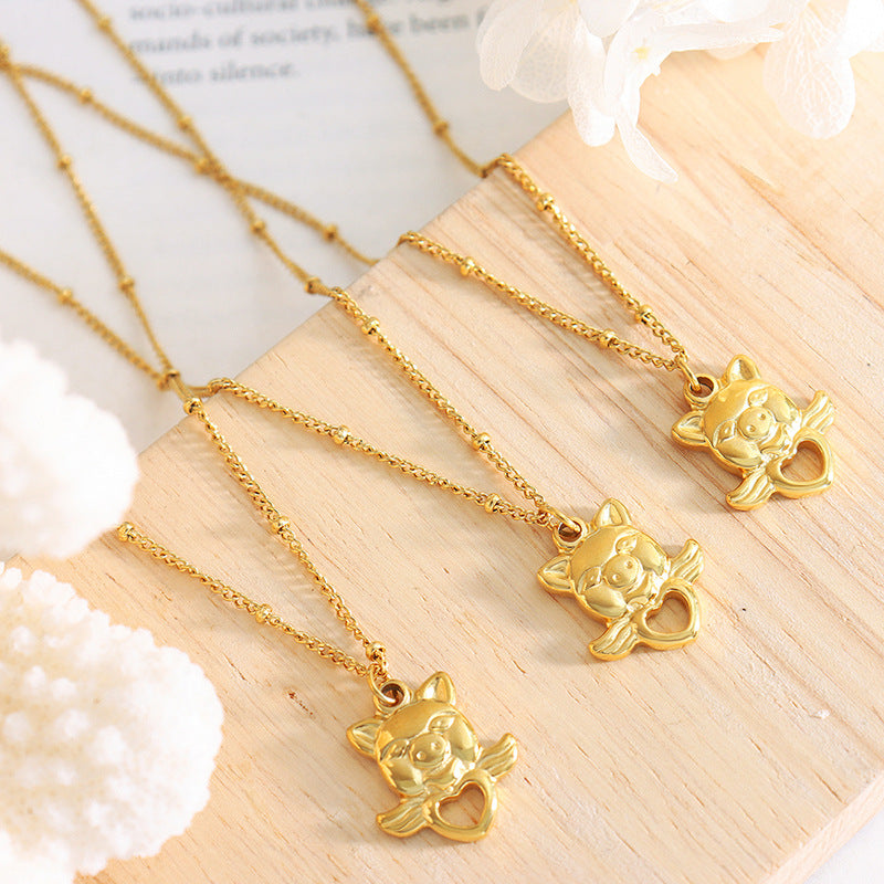Golden Piglet Love Pendant Necklace - Unique Titanium Jewelry for Women