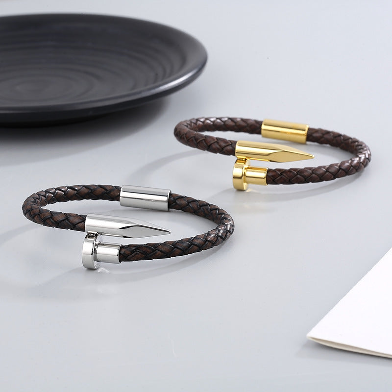 Cowhide Woven Stainless Steel Nail Bracelet – Men's Magnetic Buckle Leather Bracelet