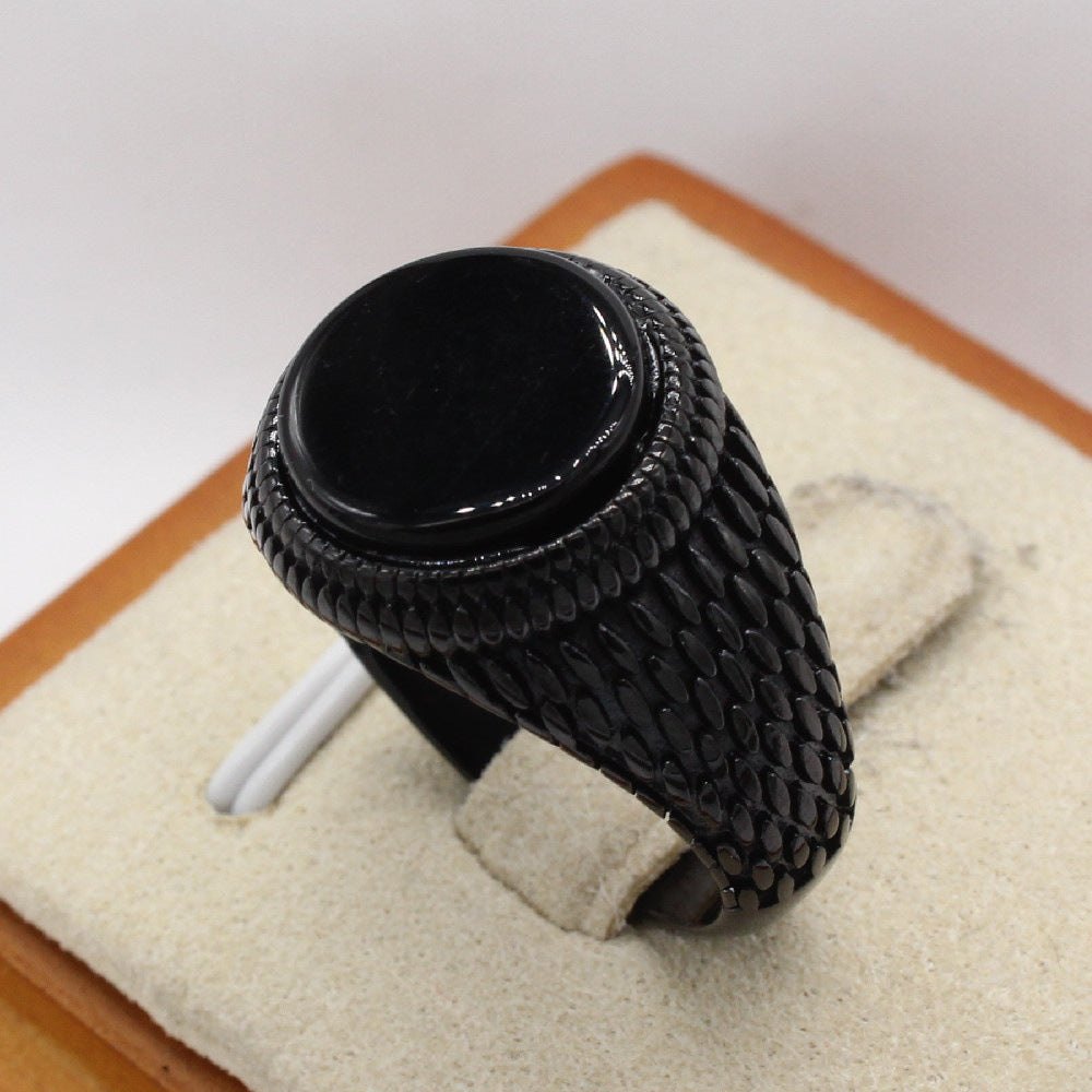 Planderful Titanium Steel Ring For Men Unisex Retro Round Gemstone Protection Statement Style