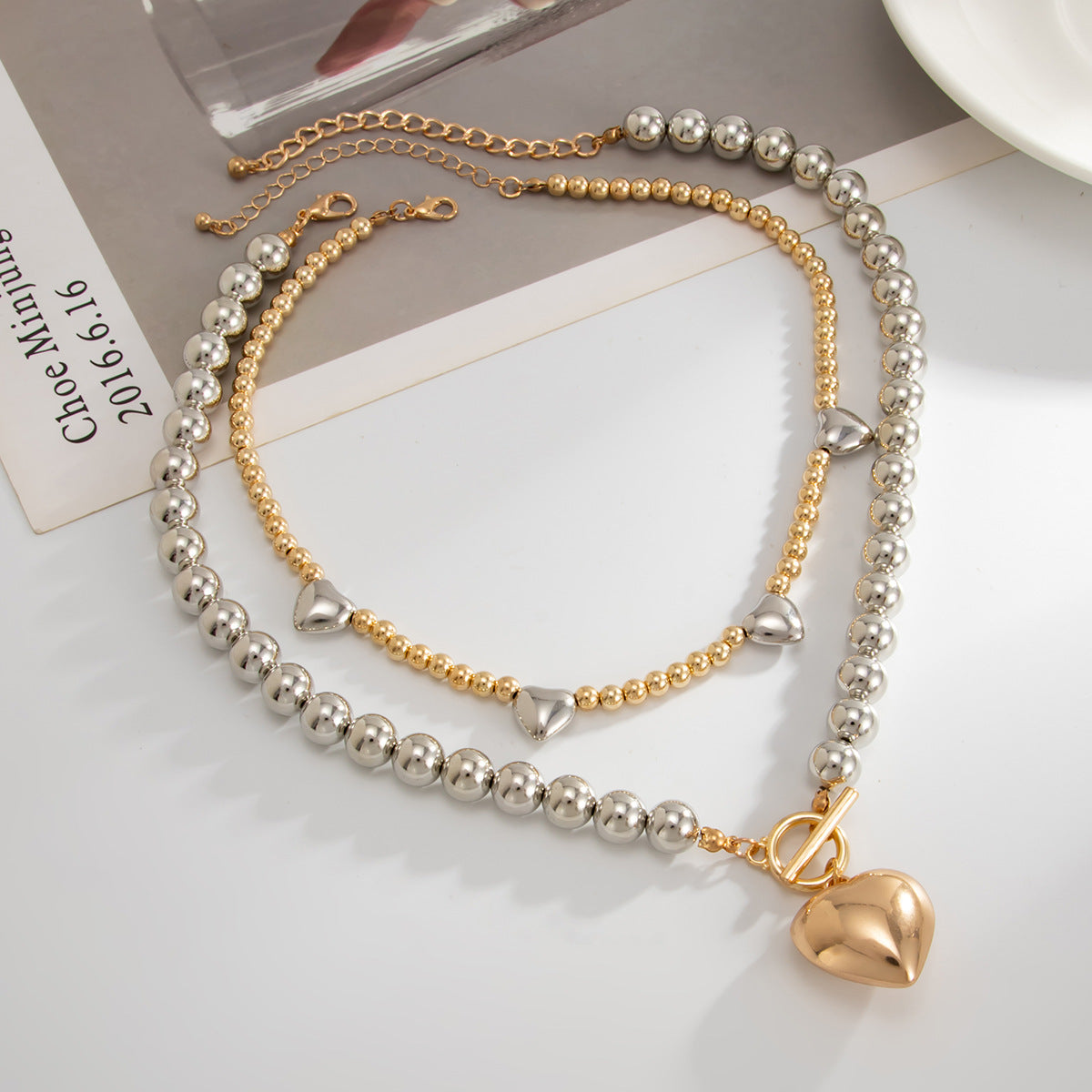 Heart Pendant Double-Layer Beaded Necklace Set