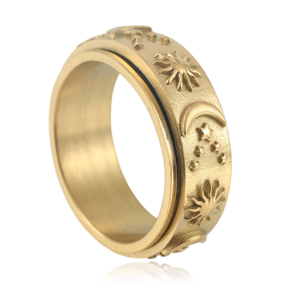 Titanium Steel Rotating Sun and Moon Ring for Men - Retro Stainless Steel Design