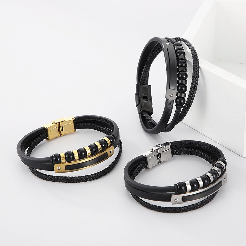 Planderful Mens Personalized Woven Leather Beaded Bracelet