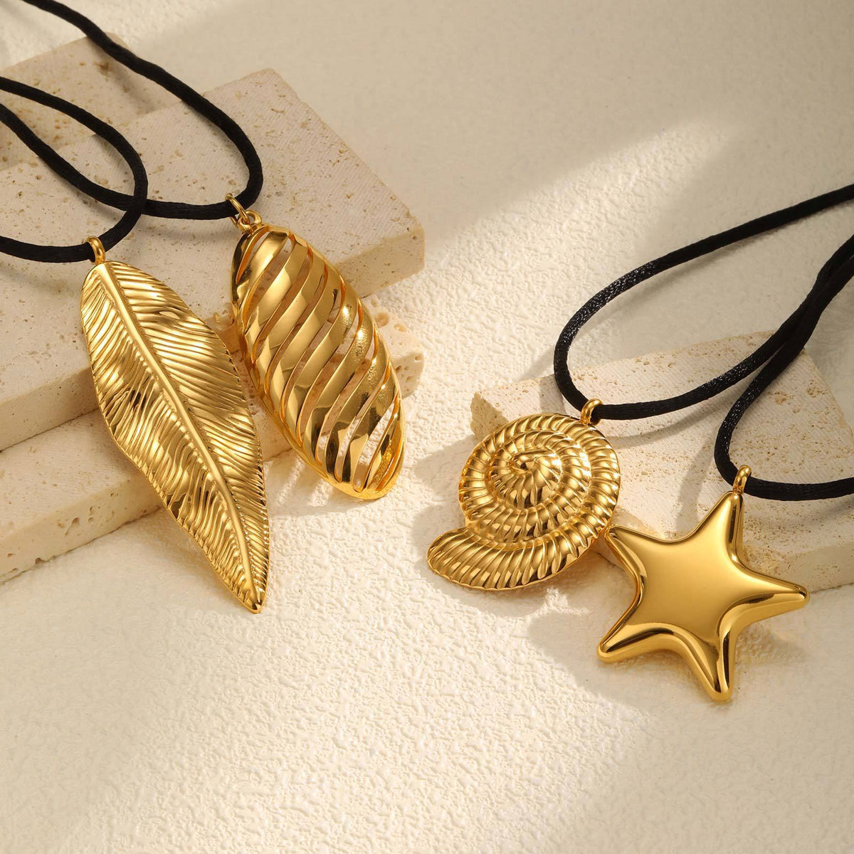 Titanium Steel – Stainless Steel Geometric Oval Pentagram Conch Leaf Pendant Necklace Gold