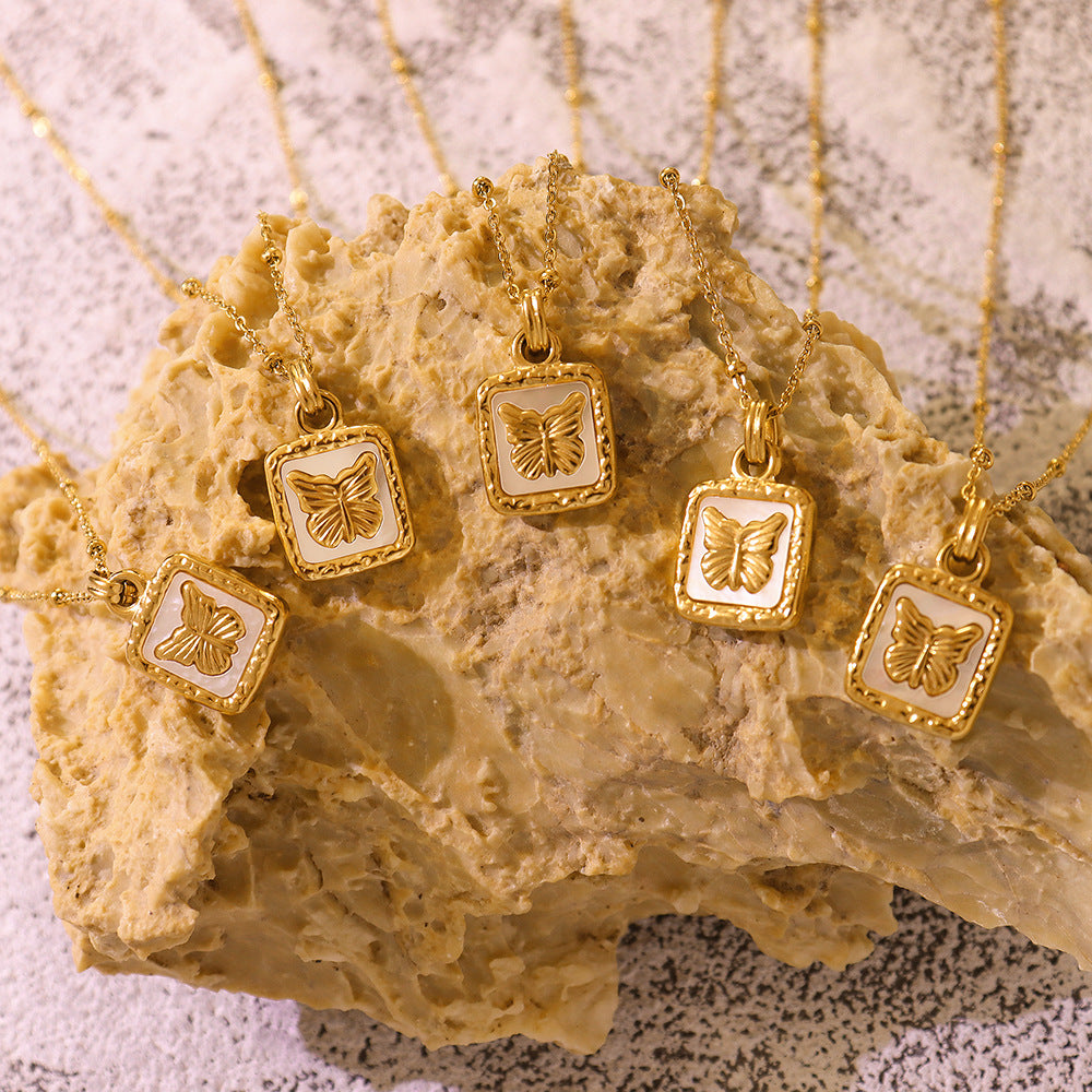 Korean Butterfly White Seashell Pendant Necklace - Gold Plated Clavicle Necklace