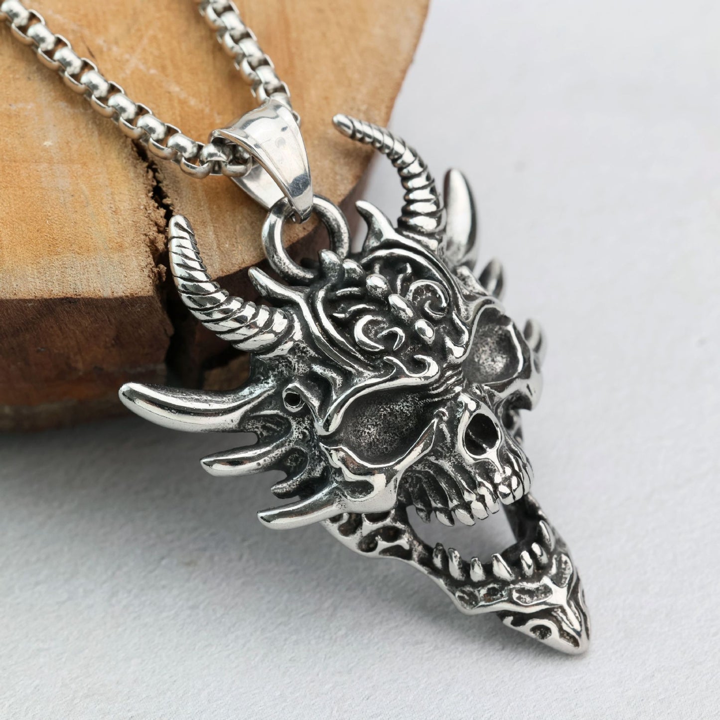 Planderful Horn Prajna Necklace For Men Ghost Mask Pendant Steel Durable Adventure Ready